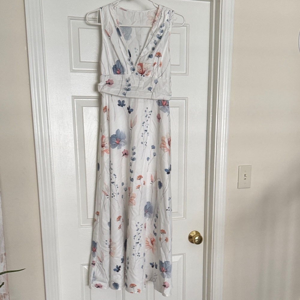 Floral Sleeveless Maxi Dress - White with Blue and Pink Accents